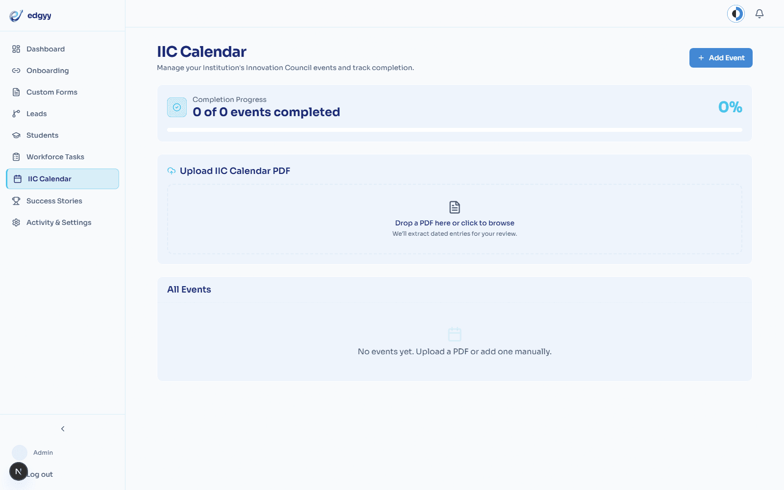 Edgyy IIC calendar showing scheduled institutional innovation activities